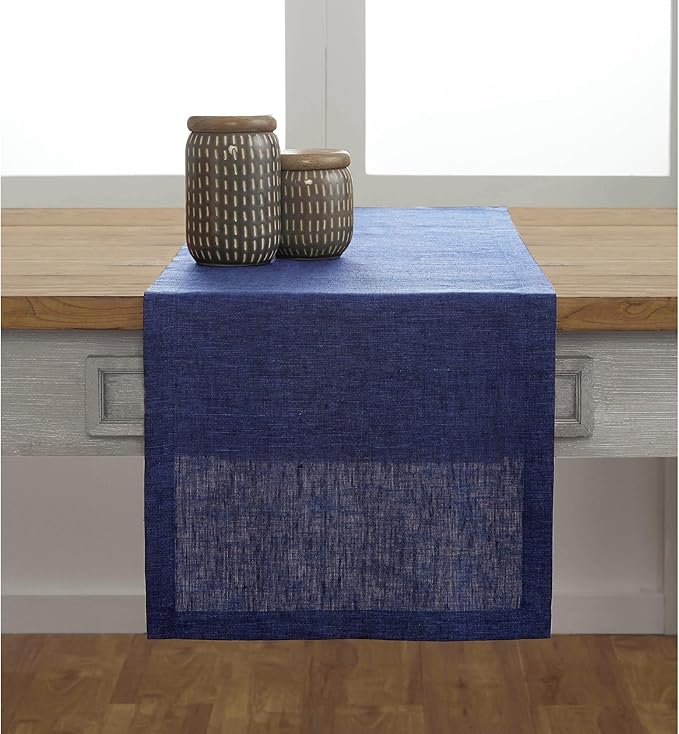 Solino Home Linen Chambray Navy Table Runner 132 Inches Long - Athena, 100% Pure Linen Dining Table Runner 14 x 132 Inch for Winter, Spring