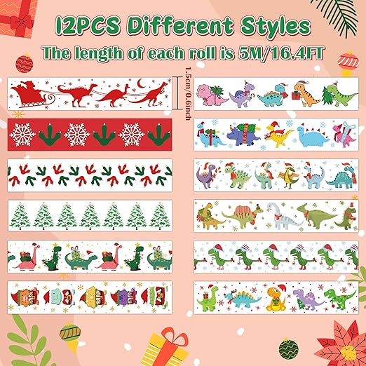Christmas Dinosaur Washi Tape - 12 Rolls Dinosaur Footprints Christmas Trees Designs, Free Adhesive for Gift Wrapping, Scrapbook, Kids Crafts, Photo Albums, Journal Decor & DIY Projects