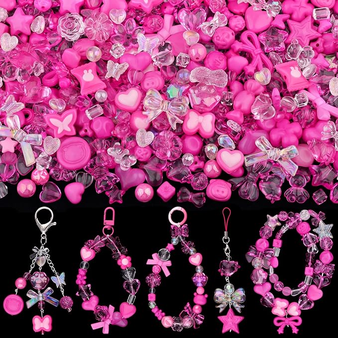 200-260PCS TINKRSTUFF Assorted Acrylic Beads Rose Pink Cute Beads for Bracelet Making, Bow Aesthetic GummyBear Flower Butterfly Kawaii Charms for Jewelry Making DIY Necklace Keychain Phone Charm