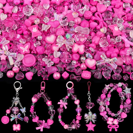 200-260PCS TINKRSTUFF Assorted Acrylic Beads Rose Pink Cute Beads for Bracelet Making, Bow Aesthetic GummyBear Flower Butterfly Kawaii Charms for Jewelry Making DIY Necklace Keychain Phone Charm