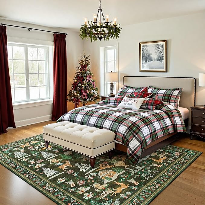 jinchan Christmas Rug 8x10 for Living Room Bedroom Green Holiday Decorative Rug for Dining Room Christmas Tree and Cabin Printed Large Xmas Decor Indoor Washable Non Slip Floor Carpet