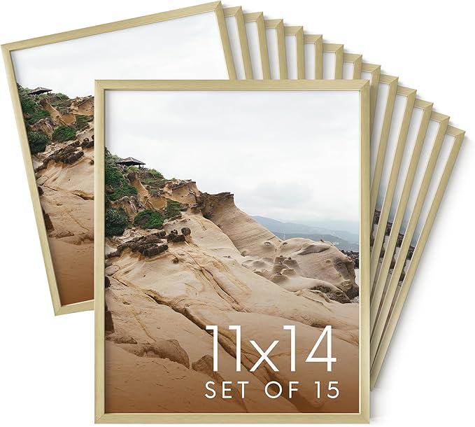 HAUS AND HUES 11x14 Gold Metal Picture Frames - Premium Aluminum with Vertical & Horizontal Hanging, Shatterproof Plexiglass - Perfect for Home, Office (11x14 in, Gold, Set of 15)