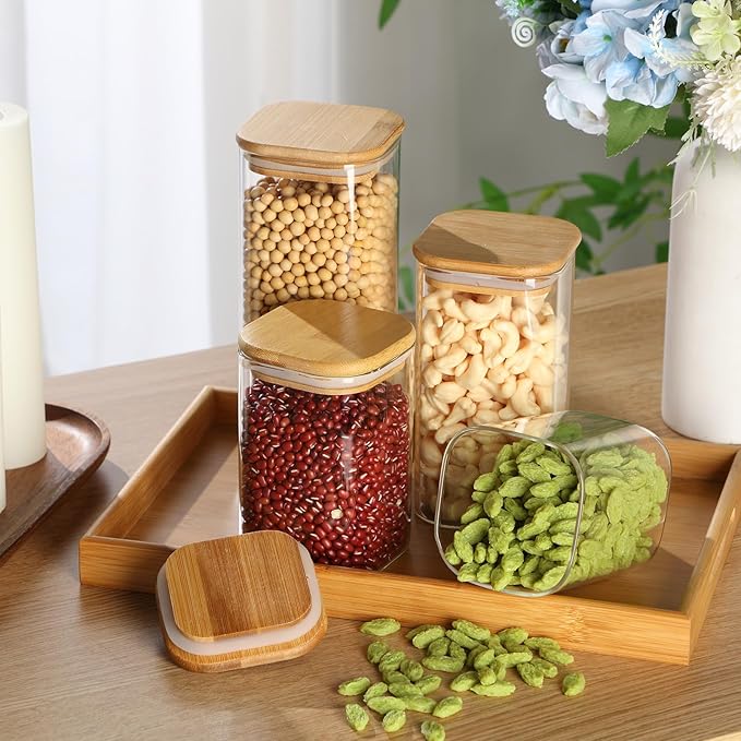 24 Pcs Glass Storage Jars with Bamboo Lids 4 Size Glass Storage Containers Pantry Food Containers Clear Airtight Square Jars for Candy Cookie Kitchen Sugar Pasta Nuts Pantry Organization