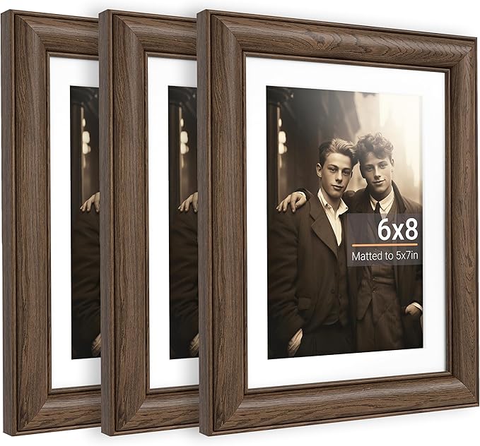 Heimlove 6x8 Picture Frame,6 x 8 Natural Solid Walnut Wood Frame with Tempered Glass,6"x8" Handcrafted Wood Frame Matted to 5x7 Photos for Wall or Tabletop Family picture Display,3 Pack