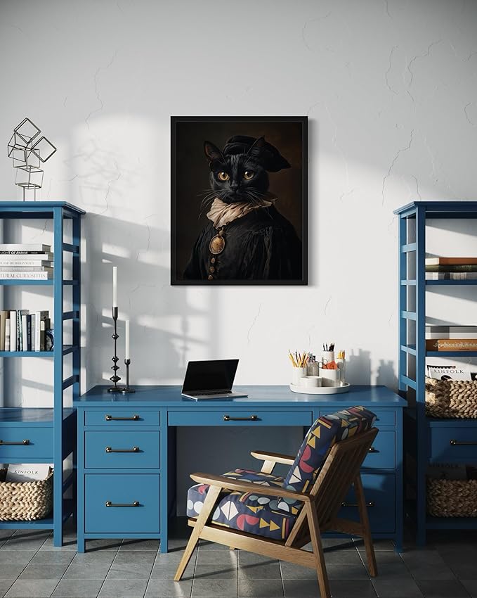 Renaissance Cat Art Poster Print, Cat Kitten Painting Humor Portrait Pet Artwork Decor Gallery A8 (11 x 14 inches, Black Frame)