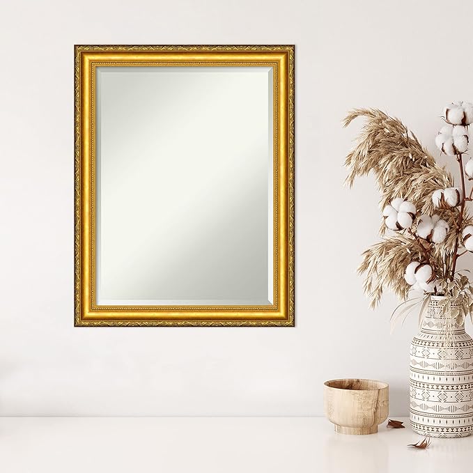 Amanti Art Gold Wall Mirror 28x22 Colonial Embossed Gold Rectangle Bathroom Mirror for Wall Decor Living Room, Medium Traditional Wood Frame, Hangs Horizonally and Vertically, Bathroom Decor, Beveled