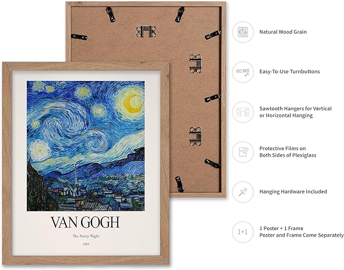Monem Art Vintage Van Gogh Poster - Retro Impressionist Print - The Starry Night, Moon, Stars, Abstract - Gift for Artist, Friend - Wall Decor for Home, Office, 8x10 Beige Framed