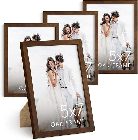 HAUS AND HUES Walnut Wood 5x7 Picture Frames - Bulk Set of 4, Natural Gallery Wall Frames for Photos (Walnut Oak Frames)