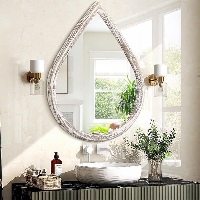 Teardrop Mirrors with Wood Frame Farmhouse Rustic White Wall Hanging Mirrors Large Decorative Mirror for Living Room Bathroom Entryway