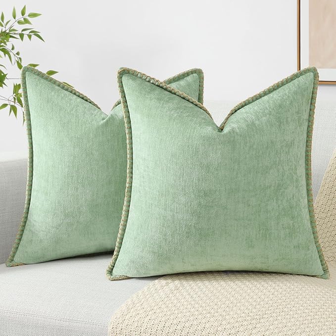 decorUhome Spring Chenille Soft Throw Pillow Covers 16x16 Set of 2, Farmhouse Velvet Neutral Decorative Pillow Covers with Stitched Edge for Couch Sofa Bed Home Decor, Sage Green