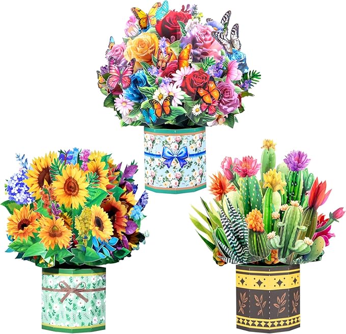 3D Pop Up Flower Bouquet Cards Pack – Roses, Sunflowers and Succulents Greeting for Women - for Mother's Day, Birthdays, Get Well, Sympathy, Congratulations & Thank You – Includes Envelopes & Note Cards