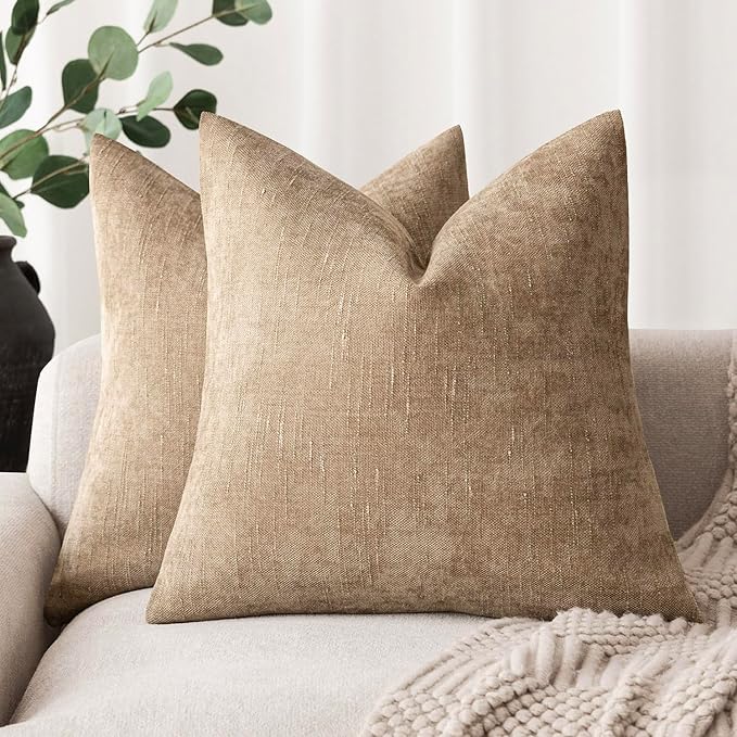 Foindtower Pack of 2 Textured Chenille Throw Decorative Pillow Covers Square Accent Solid Cushion Cover Neutral Farmhouse Pillow Case for Couch Sofa Bedroom Living Room 26x26 Inch,Taupe Khaki Camel
