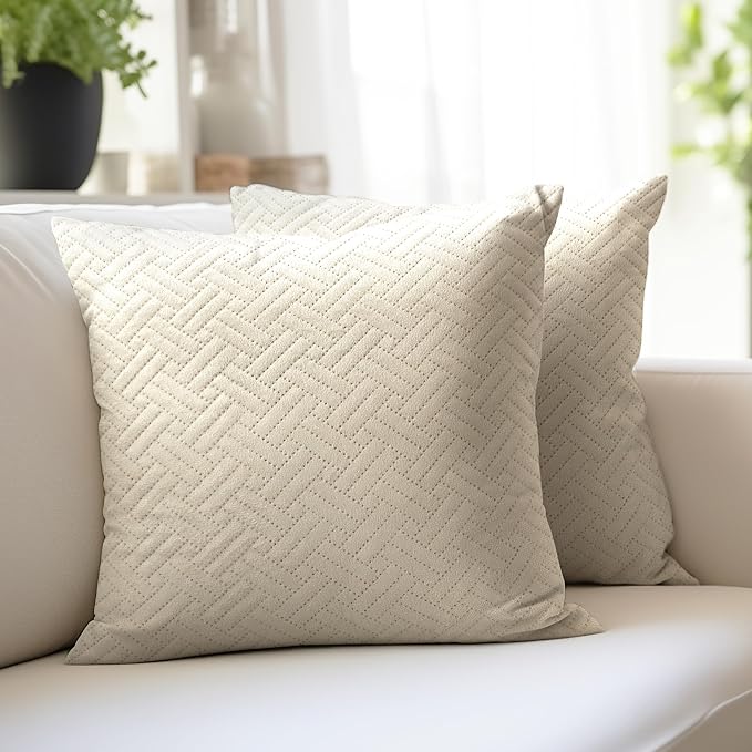 Encasa XO Throw Pillow Covers 16"x16" (Set of 2) | Solid Color Quilted Velvet Sofa Cushion Covers | No Insert | Both Side Quilted Fabric | Cream | Decorative Pillow Covers for Home