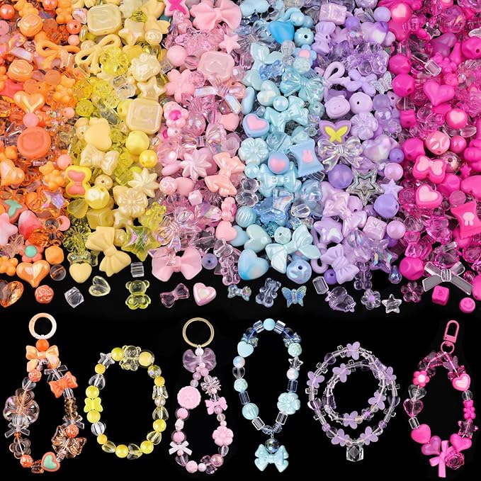 400-450PCS TINKRSTUFF Assorted Acrylic Beads 6 Mixed Series Cute Beads for Bracelet Making, Bow Aesthetic GummyBear Flower Butterfly Kawaii Charms for Jewelry Making DIY Necklace Keychain Phone Charm