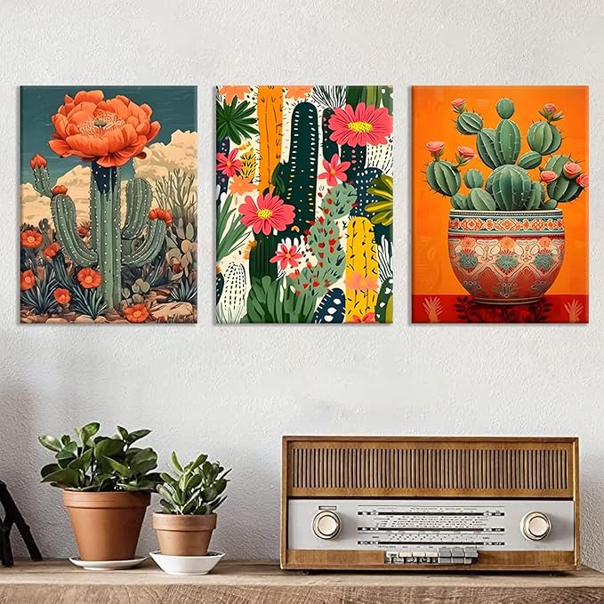 3Pcs Mexican Cactus Floral Wall Art Boho Southwest Succulent Wall Art Decor Tropical Botanical Cactus Desert Art Painting Picture for Bathroom Living Room Bedroom 12x16in Framed
