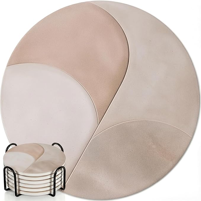 VEYRO Ceramic Coasters Set of 6 – Absorbent Stone Drink Coasters with Holder, Non-Slip Cork Backing, Modern Marble Look Coasters for Coffee Table, Desk & Home Decor