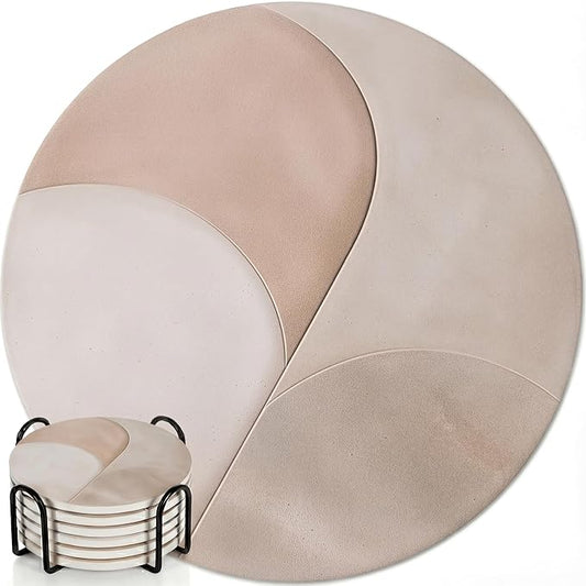 VEYRO Ceramic Coasters Set of 6 – Absorbent Stone Drink Coasters with Holder, Non-Slip Cork Backing, Modern Marble Look Coasters for Coffee Table, Desk & Home Decor