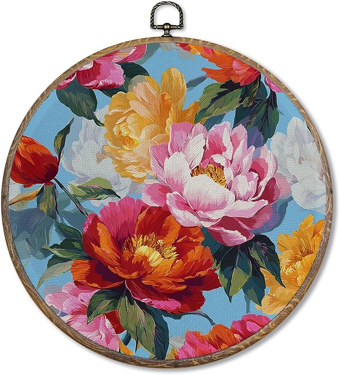 FUGWN Vintage Peony Floral Round Wall Art Decor Framed, Cottagecore Floral Canvas Artwork Prints, Rustic Farmhouse Flower Wall Hanging Decorations for Home Bedroom Living Room, 10x10 Inch