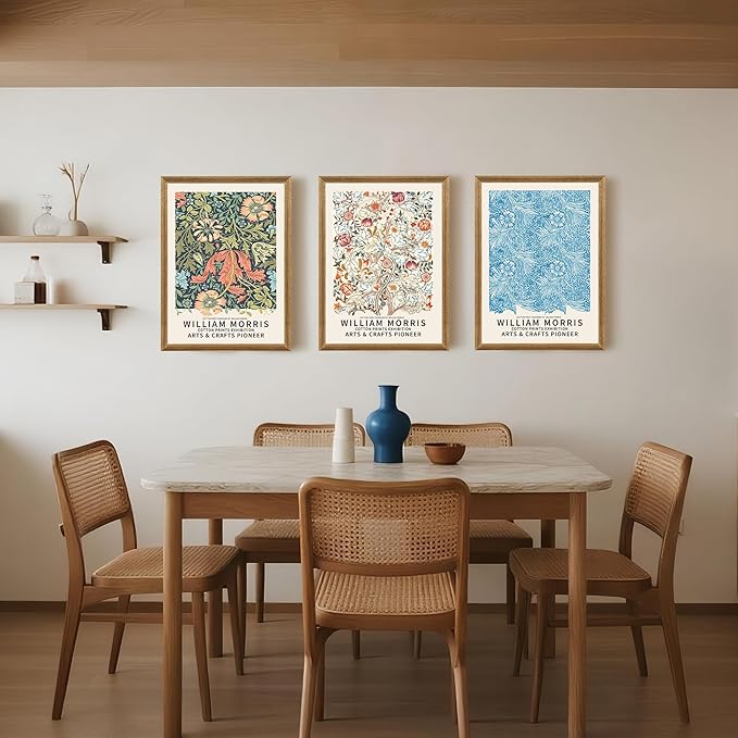 SYWENNOI 3 Pieces Wood Frames Vintage Floral Canvas Wall Art, William Morris Textured Art Wall Decor, Greens Indigos and Terracottas Botanical Designs Prints for Living Room Bedroom Offices 12x16 In