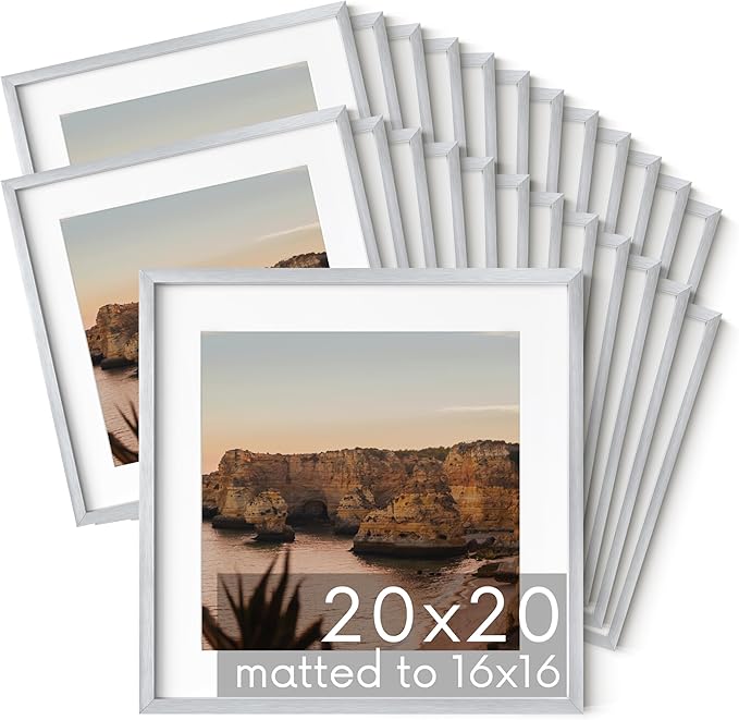 HAUS AND HUES 20x20 Silver Metal Picture Frames Matted to 16x16 - Features Premium Aluminum & Hanging Hardware, Shatterproof Plexiglass - Ideal for Home, Room, Office (20x20 in, Silver, Set of 25)