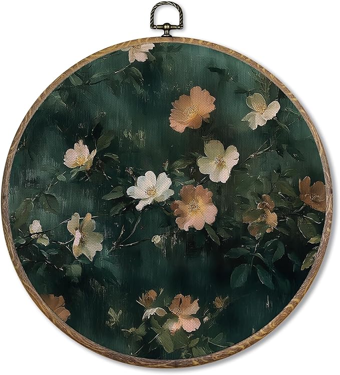FUGWN Vintage Moody Wildflower Round Wall Art Decor Framed, Dark Cottagecore Flower Botanical Canvas Artwork Prints, Green Retro Floral Wall Hanging Decorations for Home Bedroom Room, 10x10 Inch
