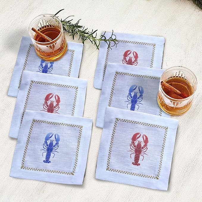 Cocktail Napkins Set of 6, 6x6 inch, 100% Linen, Printed Animal Pattern, Reusable & Washable Cloth Coasters for Beverages, Hosting, Gifting & Everyday Use (Lobster)