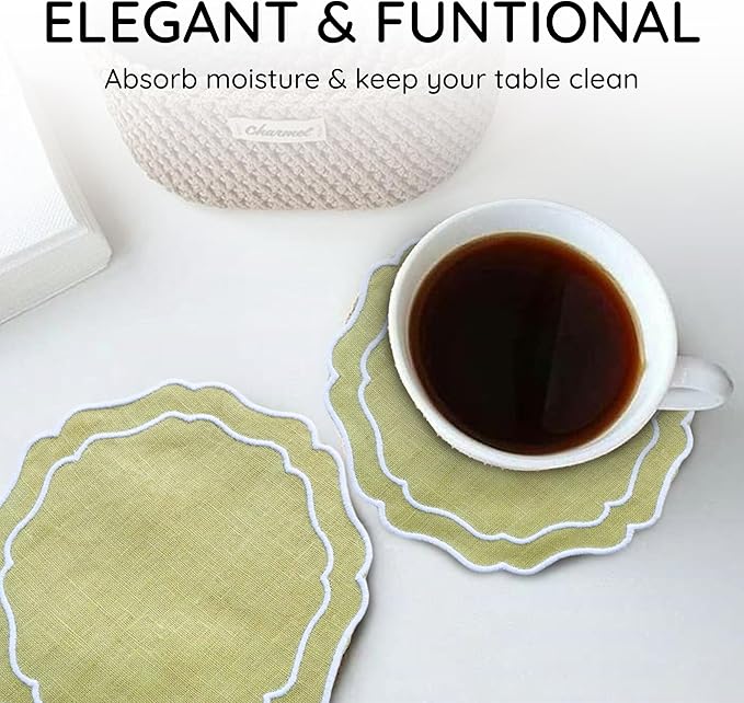 Drink Coasters Set of 6, 6x6 inch, Absorbent Linen Drink Mats with Scalloped Edge, Reusable Handmade Coffee Coasters for Home Decor & Tabletop Protection & Gift Giving (Oliver)