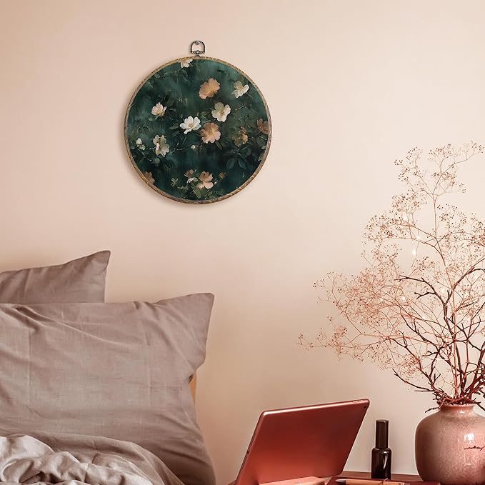 FUGWN Vintage Moody Wildflower Round Wall Art Decor Framed, Dark Cottagecore Flower Botanical Canvas Artwork Prints, Green Retro Floral Wall Hanging Decorations for Home Bedroom Room, 10x10 Inch
