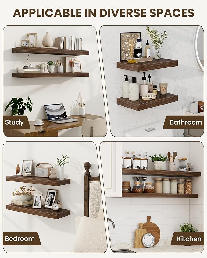 Marsmiles 32" Floating Shelves for Wall, Wooden Shelves with Invisible Brackets Set of 2, Rustic Farmhouse Wall Mounted Shelf for Kitchen Bathroom Living Room Study, Walnut