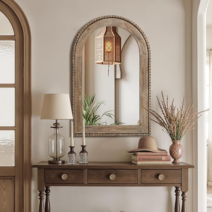LuxenHome Arch Wall Mirror, 26"x40" Wood Framed Wall Mirrors, Farmhouse Decorative Wooden Mirror, Accent Entryway Wall Mirror, Wall Mounted Mirror Living Room Wall Decor
