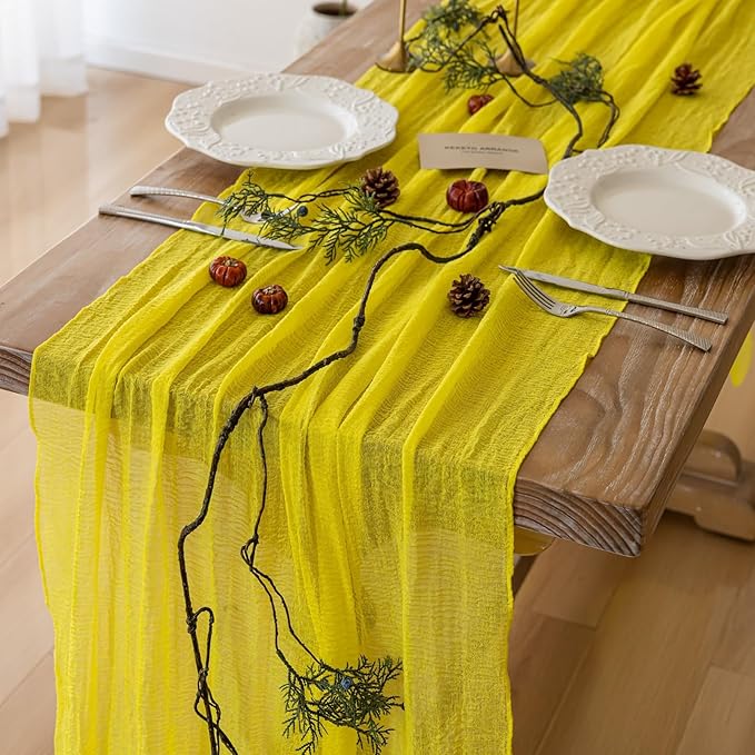 Keketoarrange Yellow Easter Table Runner Rustic Gauze Cheesecloth Table Runner 120 Inch 10 FT for Wedding Baby Shower Bridal Shower Engagement Garden Party Long Sheer Spring Summer Home Decorations