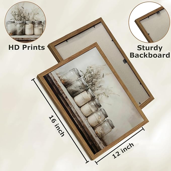 Framed Vintage Kitchen Canvas Wall Art, Rustic Farmhouse Mason Jar Pictures Wall Decor, Country Spice Still Life Paintings Prints Home Decor Artwork for Dining Room 12x16 inch