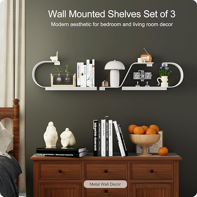 White Floating Shelves Set of 3, White Metal Decor, Unique Mounted Floating Shelf, Modern Long Wall Shelf, Large Wall Shelves for Bedroom, Bathroom, Living Room