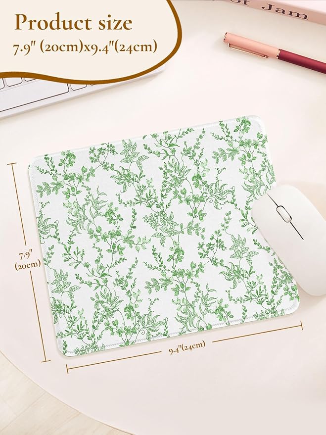 Elegant Green Flowers Mouse Pad, Waterproof Aesthetics Floral Mouse Pads Design, Non-Slip Rubber Base Computer Simple Funny Mousepad,Small Mouse Mat Desk Accessories Office Supplies