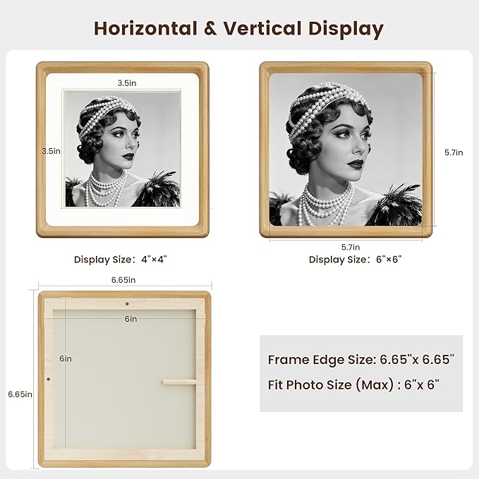 HELPLEX 6x6 Matted to 4x4 Square Picture Frame Set of 2 - Natural Oak Wood with HD Tempered Glass, Convertible Design for Wall or Tabletop Display - Art Gallery & Luxury Home Office Decor
