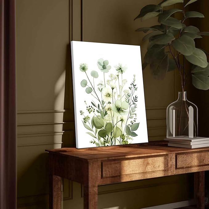Boho Floral Canvas Wall Art Set of 3, Sage Green Wildflower Botanical Wall Decor Painting, Minimalist Watercolor Flowers Posters Prints for Bedroom Bathroom Living Room 16x24 In Framed