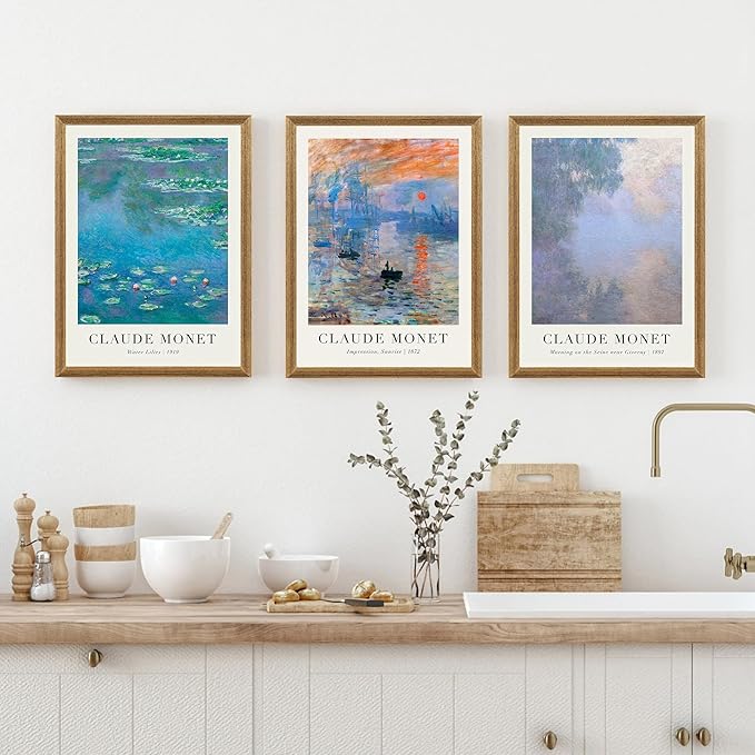 SYWENNOI 3 Pieces Wood Frames Vintage Canvas Wall Art, Claude Monet Impressionism Art Wall Decor, Minimalist Classic Botanical Designs Painting Prints for Living Room Bedroom Offices 16x24 Inch