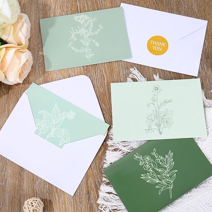 Whaline 40 Pack Green Floral Greeting Cards Gradient Color Botanical Thank You Card Flower Leaves Blank Note Cards with Envelopes Stickers for Wedding Birthday