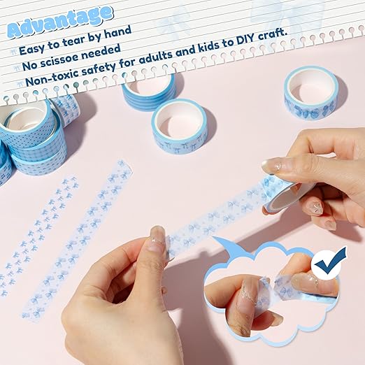 Coquette Blue Washi Tape - 12pcs Watercolor Blue Bow Cherry Scrapbook Colored Masking Painters Decorative DIY Crafts Artist Tape Set School Office Journaling Kids Art Supplies Gift Wrapping