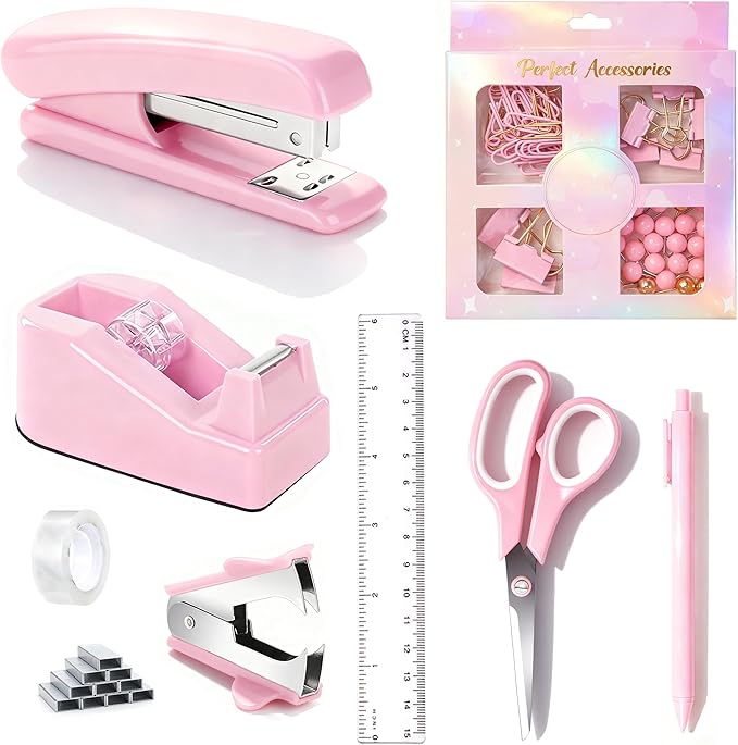 Pink Desk Accessories, Pink Office Supplies Accessories with Tape Dispenser, Stapler, Staple Remover, 1000 Staples, Tape, Clips Set, Ruler, Scissor, Pen