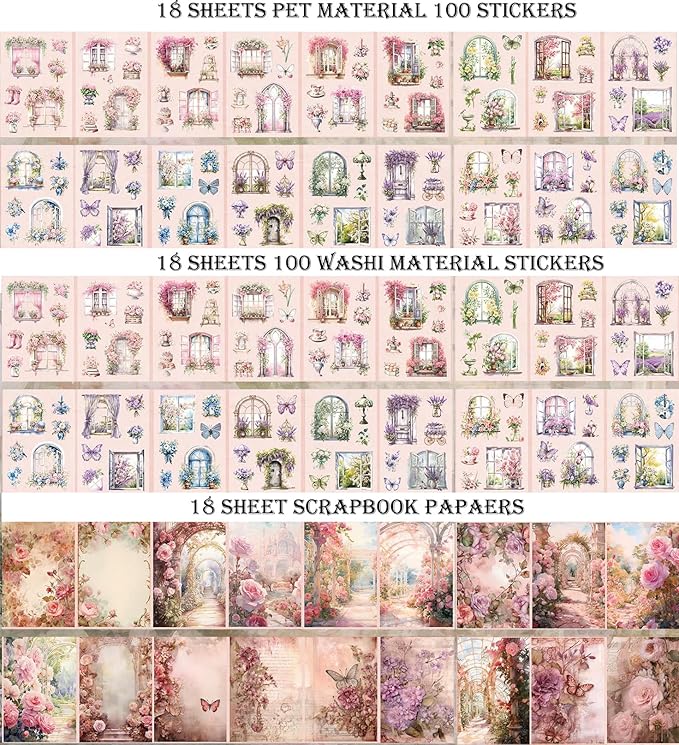 Garden Landscape Scrapbook Stickers 36 Sheets 200 Pre-Cut Washi Stickers for Journaling PET Transparent Sticker 18 Sheets Scrapbook Paper Decorative or DIY Crafts Arts and Crafting Projects
