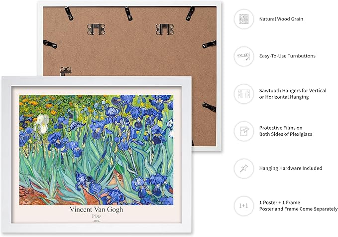 Monem Art Vintage Van Gogh Poster - Retro Irises Print - Impressionism Art - Floral Art - Fine Art - Flower Art - Classic Painting Art - Aesthetic Living Room Wall Decor - 8x10 White Framed
