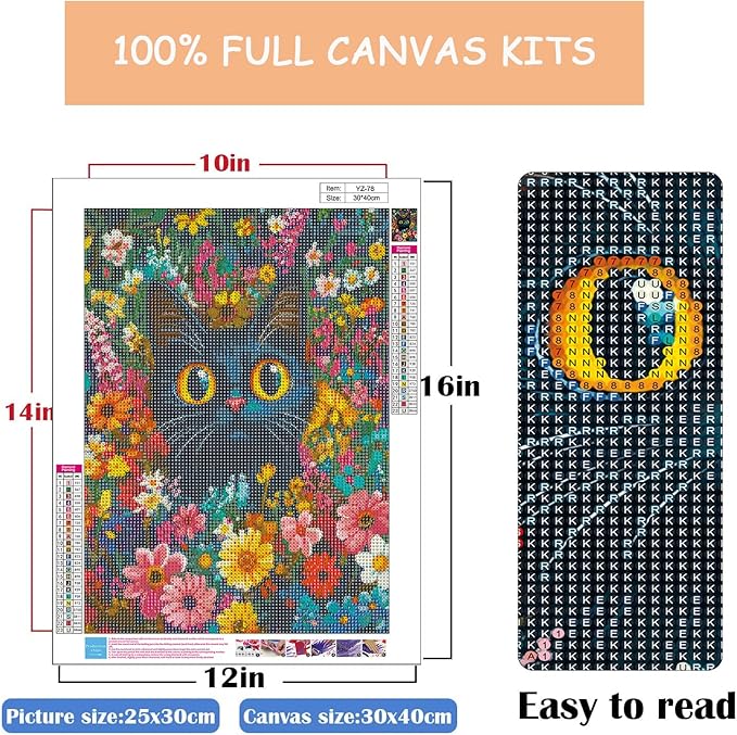 Eterkosu Black Cat Diamond Art Kits for Adults, Flowers Diamond Painting Kits for Adults for Beginners DIY Diamond Dots Art Kits, 5D Full Round Drill Gem Art Painting Kits for Home Wall Decor