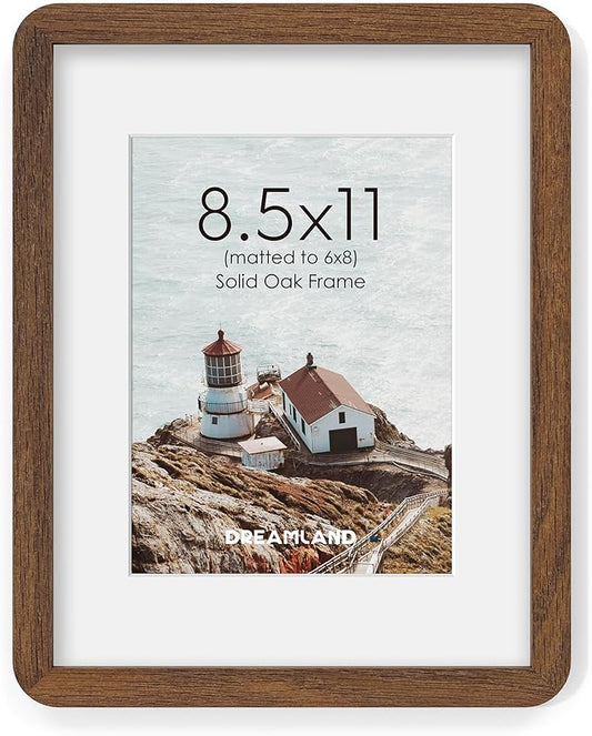 8.5x11 Picture Frame, Solid Oak Wood Photo Frame with Mat for 6x8, Round Corner 8.5 x 11 Matted Picture Frames with Resistant Plexiglass for Wall Mounting or Tabletop, Walnut Color, Set of 1