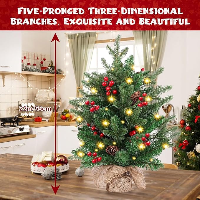 Mini Christmas Tree,20 inch/50CM Small Christmas Tree with Lights with 2M LED Lights,75 Branch Tips,for Home Office Christmas Decorations