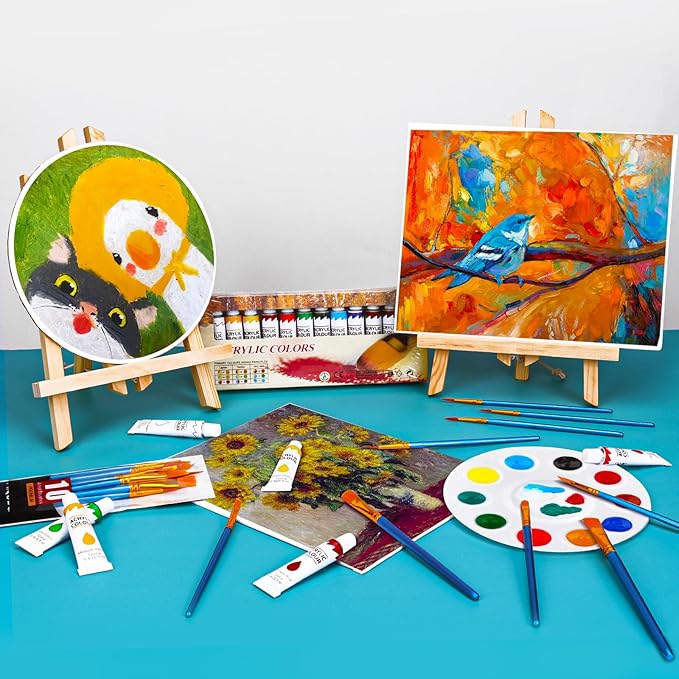 ESRICH Acrylic Paint Canvas Set,104 Piece Professional Painting Supplies Kit with 4 Wood Easel,4 * 12Colors,4 * 10 Paint Brushes,Canvas Etc,Premium Paint Kit for Kids Students Artists Beginner