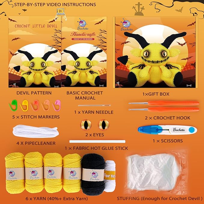 Crochetta Crochet Kit for Beginners, Amigurumi Crocheting Kits w Step-by-Step Video Tutorials, Knitting Starter Supplies for Adults Kids, Crochet Devil (40%+ Yarn)