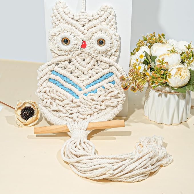 Owl Macrame Wall Hanging Boho Hand Woven Tapestry Decor Animal Owl Macrame Wall Art Home Decor for Living Room Bedroom Office Nursery Apartment