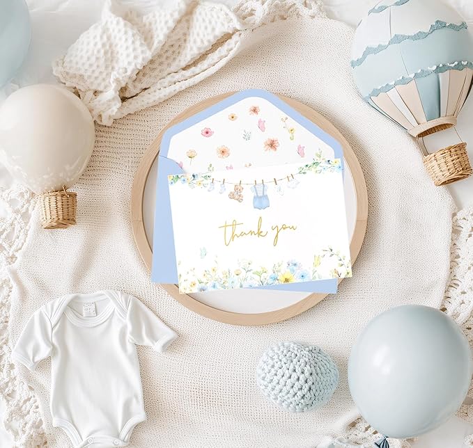 50 Pack Blue Baby Shower Thank You Card Shower Blue Gold Foil Greeting Card with Envelopes And Stickers Set Bulk for Baby Shower Birthday Party (Blue Gold)