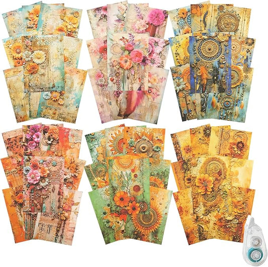180 Sheets Bohemian Scrapbook Paper, Vintage Ephemer for Scrapbooking Journaling Junk Journal Supplies,with Glue Tape